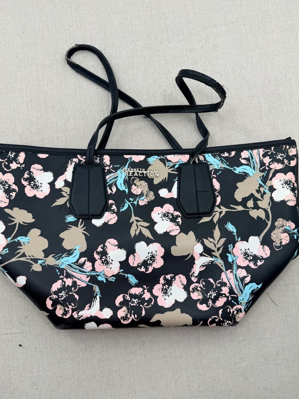 Kenneth Cole Reaction Black Floral Print Tote with Pink & Blue Accents